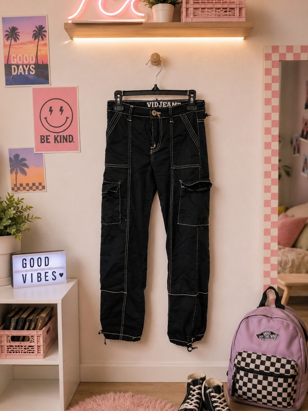 VIP JEANS Black Cargo Pants with White Contrast Stitching